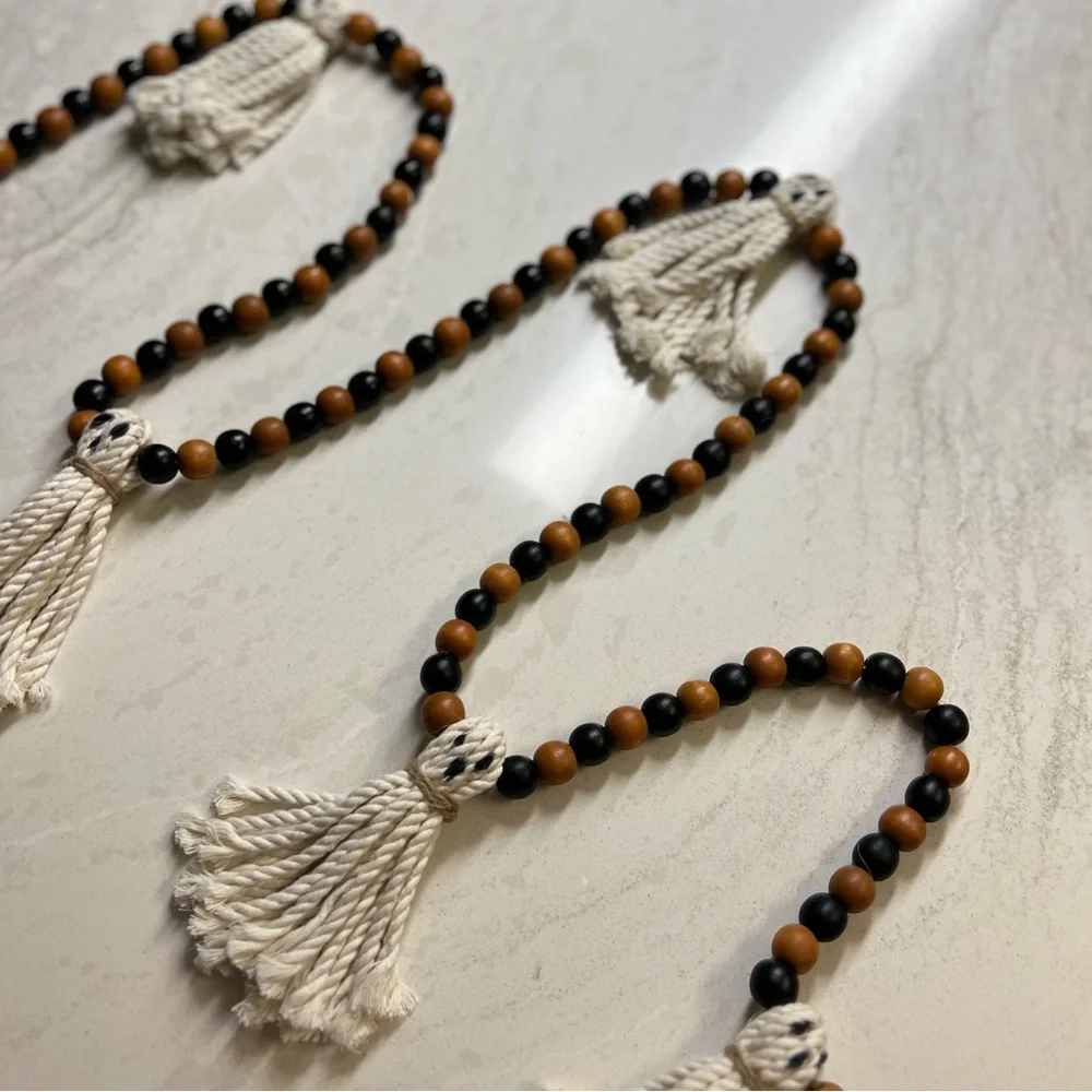 Wooden Halloween Garland 7Ft Ghosts Beaded Handmade Cottage Rustic Farmhouse